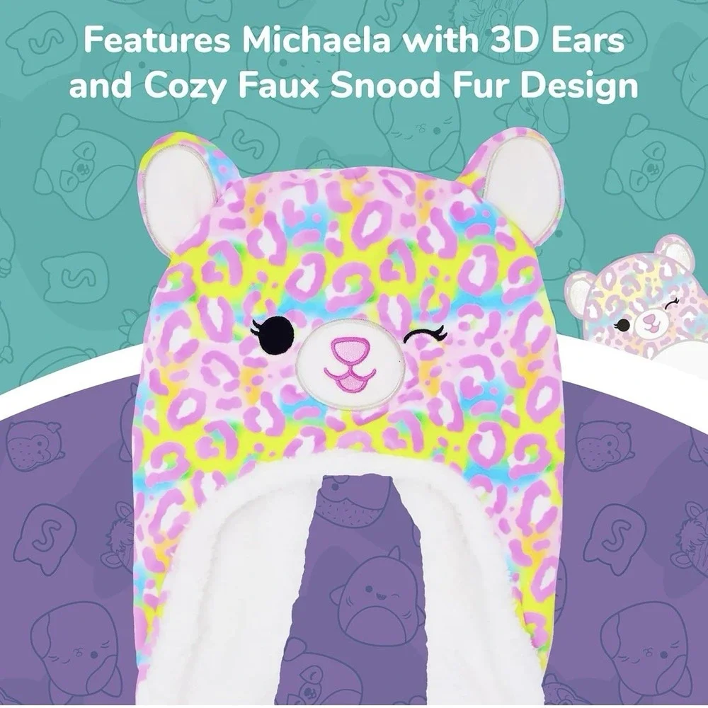 Squishmallows Michaela Hat Gloves Set‎ Ears Pom Pom Pink Leopard Winter Cap NWT